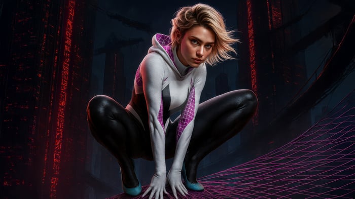 Spider-Gwen crouching in a futuristic city