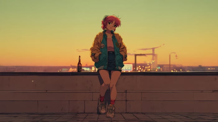 Anime girl with pink hair on a rooftop at sunset