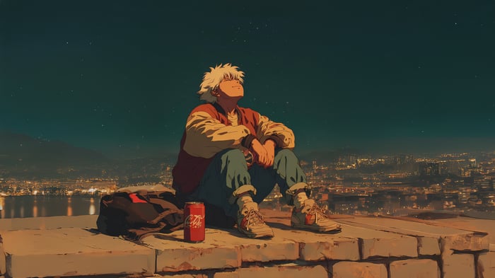 Blonde Guy Relaxing on Rooftop at Night