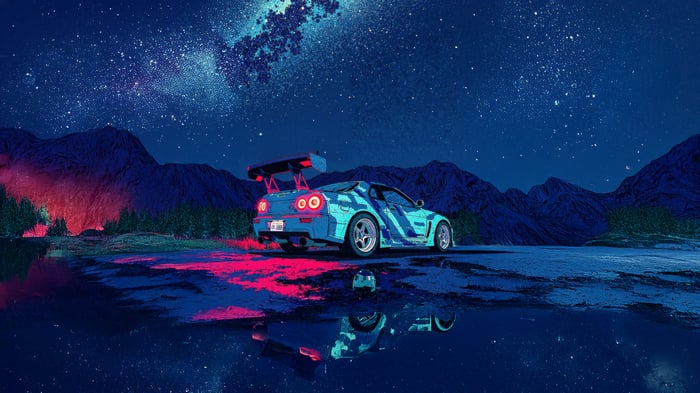 Blue Sports Car Under a Starry Sky