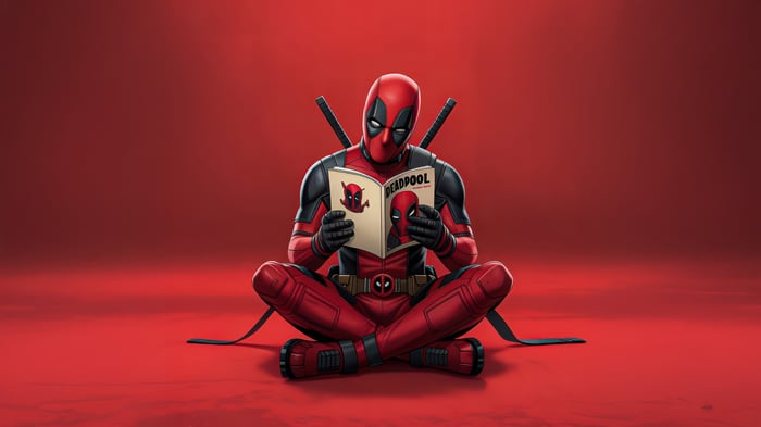 Deadpool Sitting and Reading a Comic Book