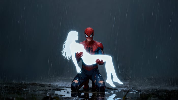 Spider-Man holding a glowing woman in the rain