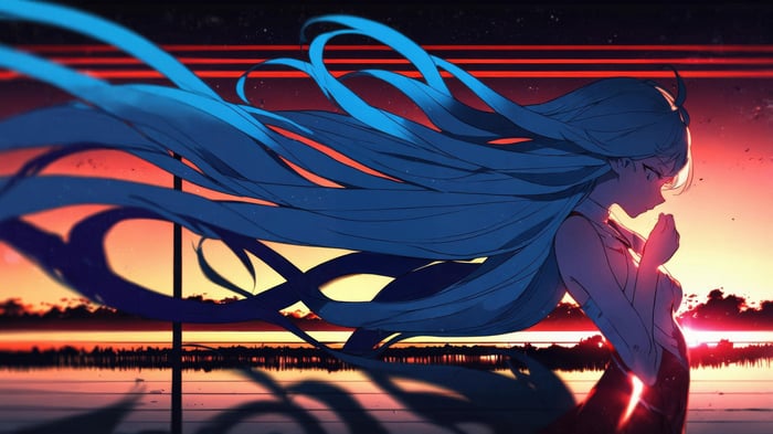 Anime Girl with Azure Hair Dancing in the Wind