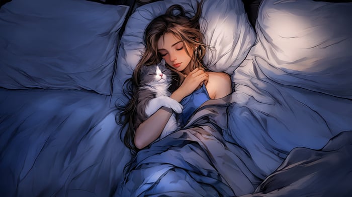 Anime girl sleeping peacefully with a cat