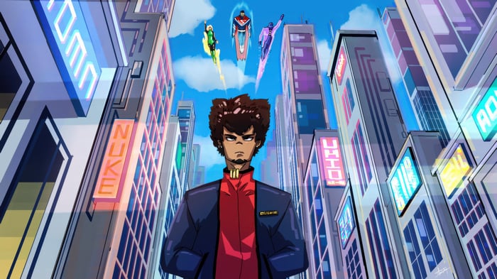 Superhero Team Flying Above Futuristic City