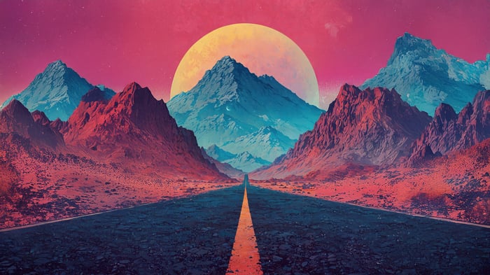 Synthwave Highway to Giant Moon Mountain Landscape