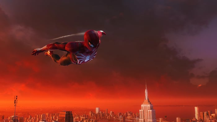 Spider-Man flying over New York City at sunset
