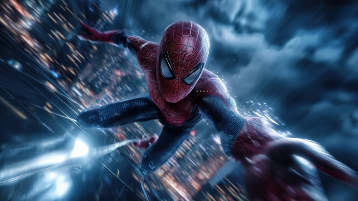 Spider-Man swinging through a city at night