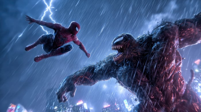 Spider-Man vs. Venom in a Rainy City