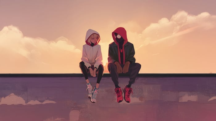 Spider-Gwen and Miles Morales sitting on a rooftop