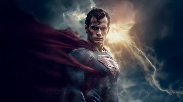 Superman in a stormy sky