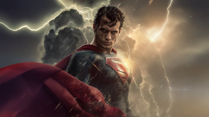 Superman in a stormy sky with lightning