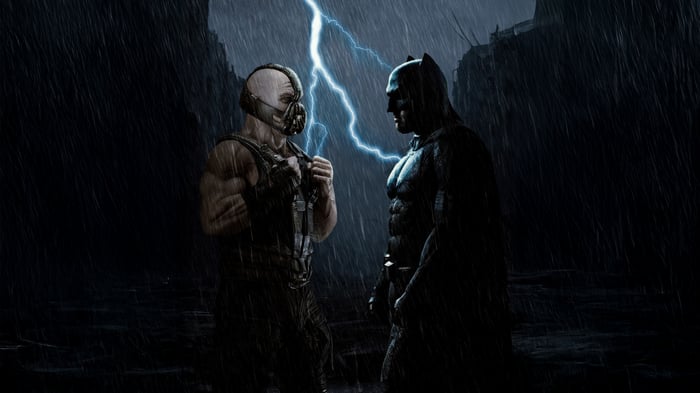 Batman and Bane face off in the rain