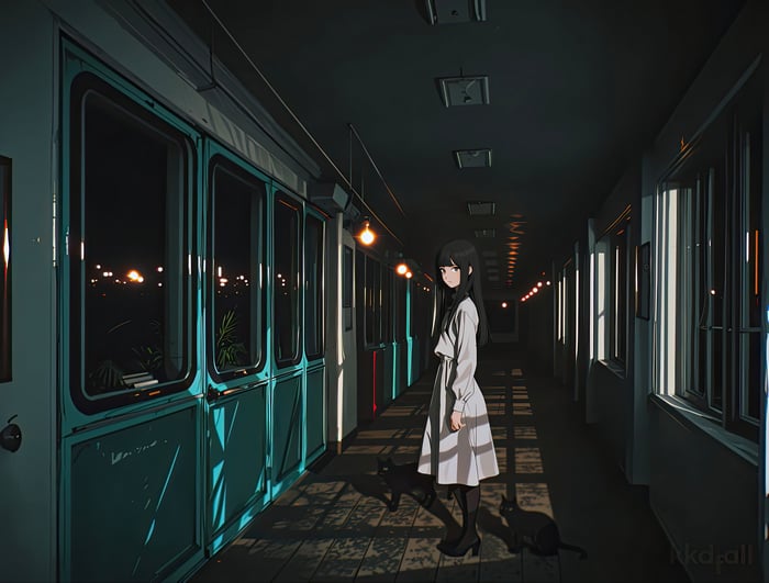 Anime girl and cats in a dark hallway