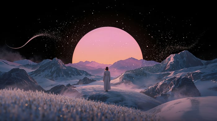 Person standing on snowy mountains under a large pink sun