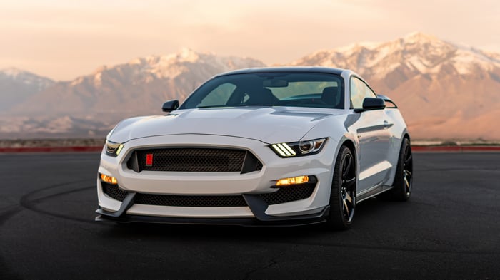 White Shelby GT350 Mustang with Mountains in Background