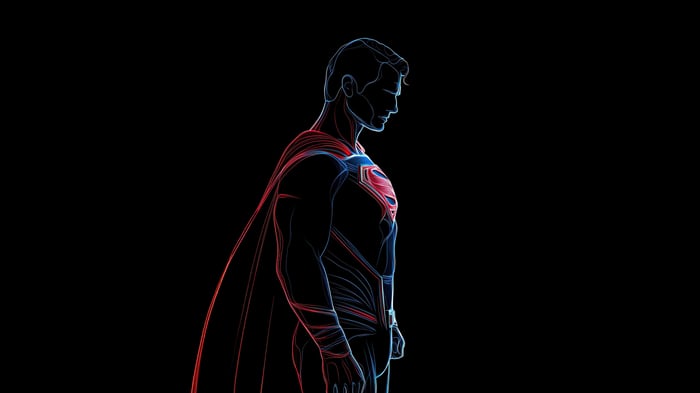 Superman with glowing outline on black background