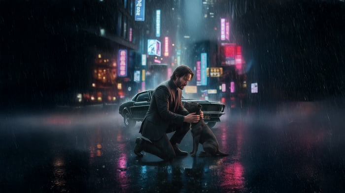 John Wick with his dog in the rain