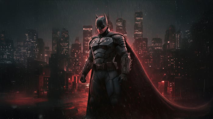 Batman Standing in a Rainy City at Night