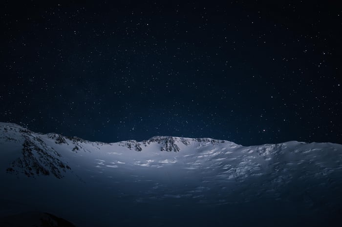 Snowy mountains under a starry night sky