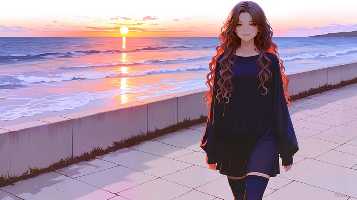 Woman walking by the sea at sunset