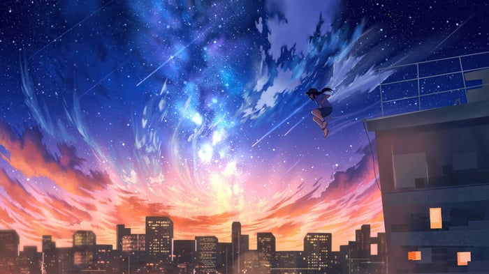 Anime girl jumping off a building at night