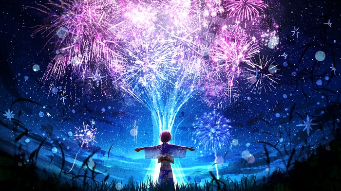 Anime girl in kimono watching fireworks