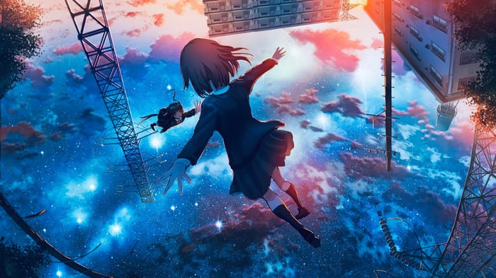 Two anime girls freefalling through a starry sky