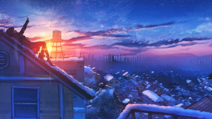 Anime Girl On Snowy Roof At Sunset