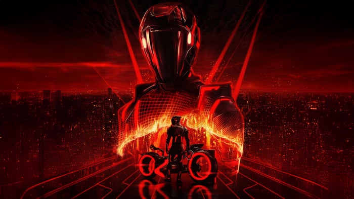 Tron Ares 2025 Cityscape with Giant Figure
