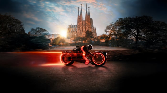 Tron Ares Motorcycle in front of Sagrada Familia