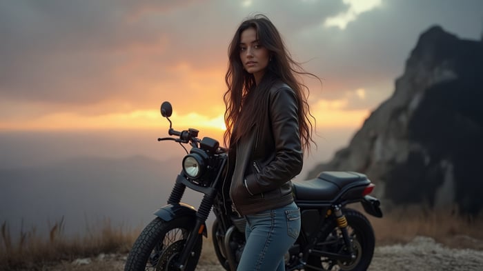Woman in leather jacket with motorcycle at sunset
