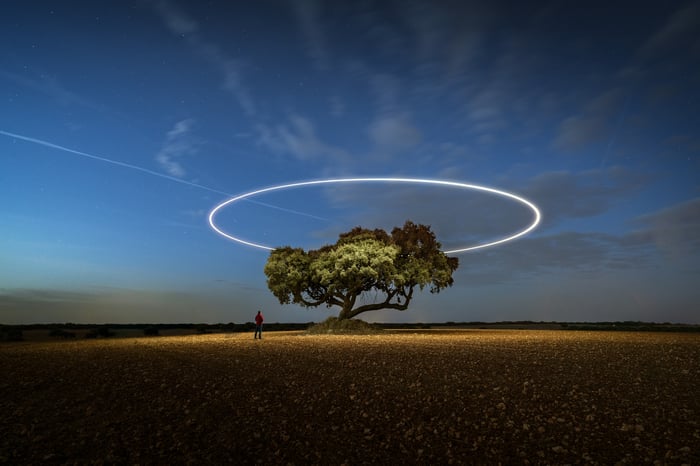 Long exposure of a tree with a light ring at night