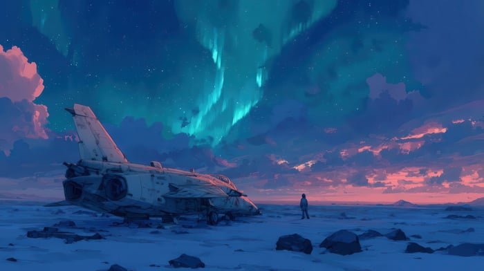 Man and crashed plane under aurora borealis