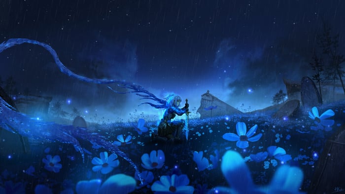Anime Girl With Sword in The Garden Of Forgotten Stars