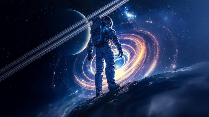 Astronaut on a rocky planet looking at a nebula