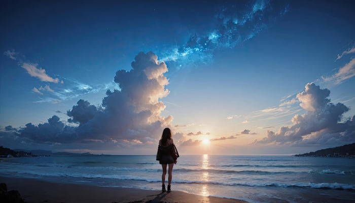Anime girl watching sunset at the beach
