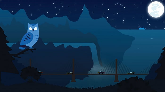 Minimalist night scene with owl and bridge