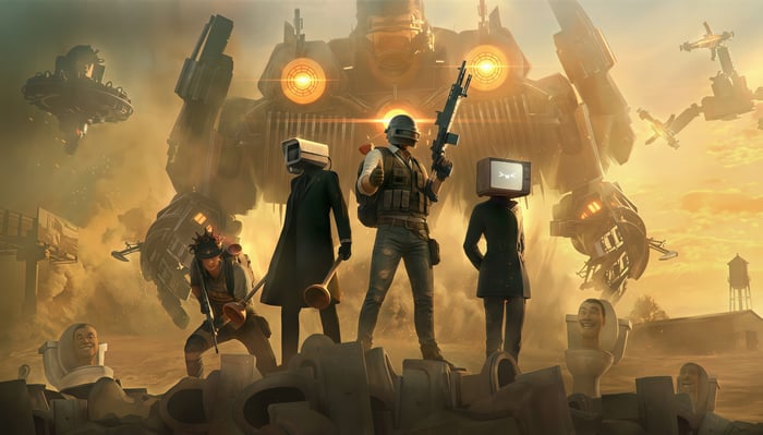 PUBG characters with Skibidi Toilet heads and giant robot