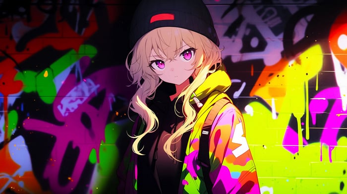 Anime girl with pink eyes and blonde hair in a beanie