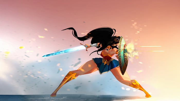 Wonder Woman in action with sword and shield