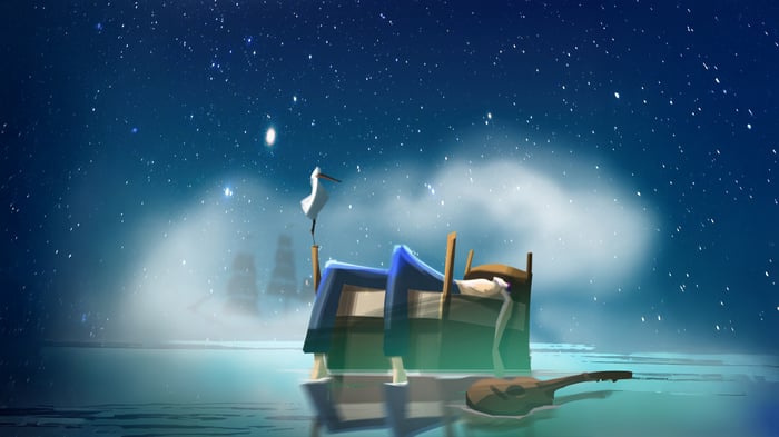 Man on a bed floating on a river at night