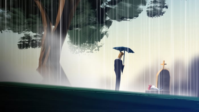 Man With Umbrella In Rain At Graveyard