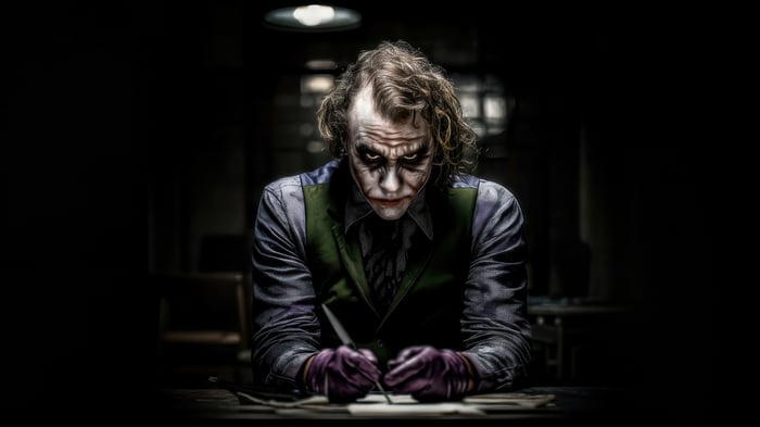 The Joker sitting at a table