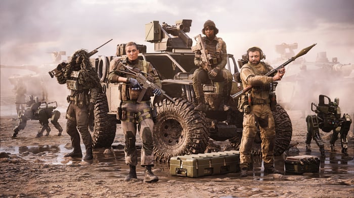 Battlefield 2042 Game Soldiers with Military Vehicle and Robots