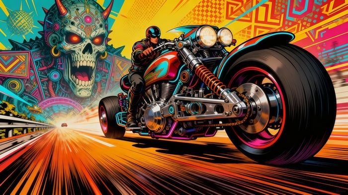 Motorcyclist races past a giant skull