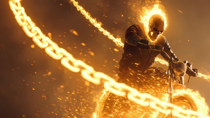 Ghost Rider on a flaming motorcycle with chains
