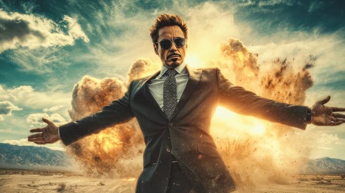 Iron Man in a suit with explosions behind him