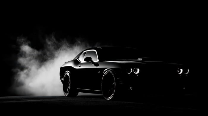 Black Dodge Challenger in Smoke