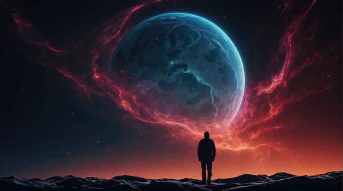 Silhouette of a person standing on a rocky surface looking at a large planet and nebula